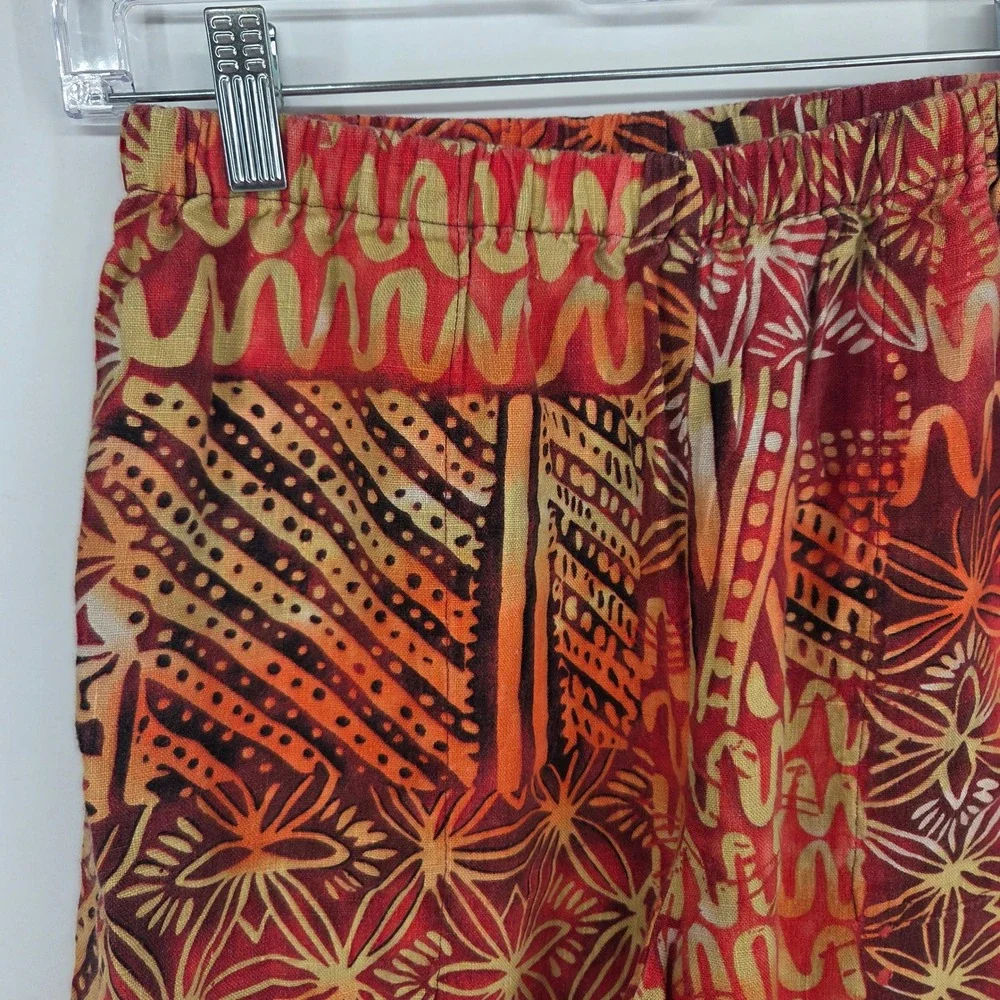 Vintage Chico's Linen Pants Size 1 Red Orange Abstract Boho Art Wide Leg